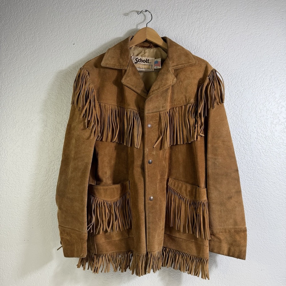 SCHOTT WESTERN Fringe Leather Jacket 42 Large Made In U.S.A Cowboy Brown Read